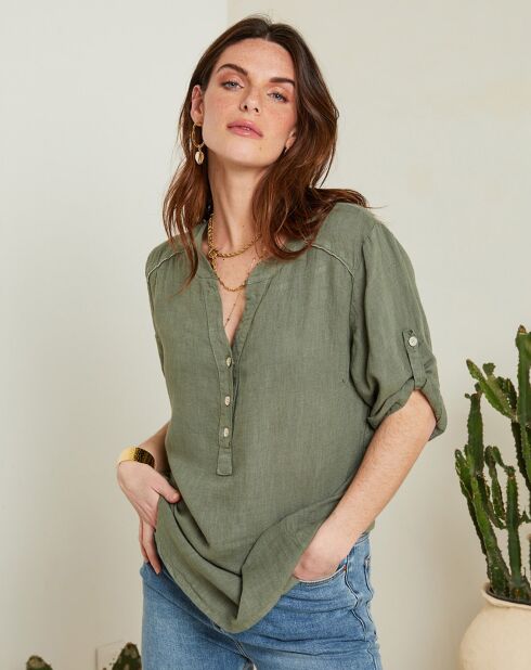 Rosa khakigrüne Bluse aus 100% Leinen