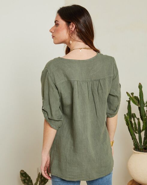 Blouse 100% Lin Rose vert kaki