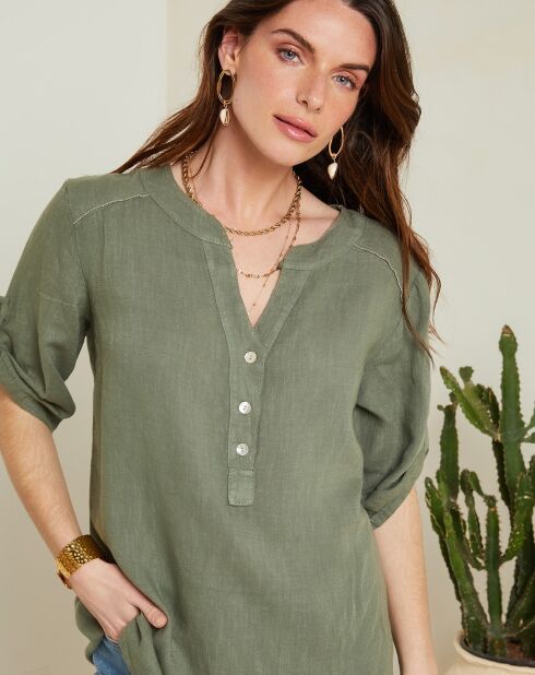 Rosa khakigrüne Bluse aus 100% Leinen