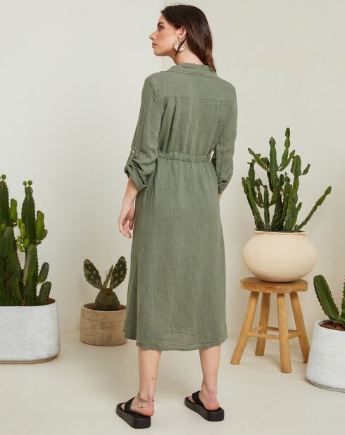 Langes Kleid Linda aus 100% Leinen, khakigrün