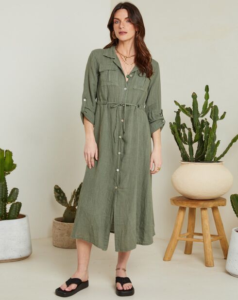 Langes Kleid Linda aus 100% Leinen, khakigrün