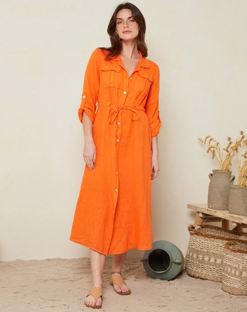 Robe chemise 100% Lin Justine à manches longues orange