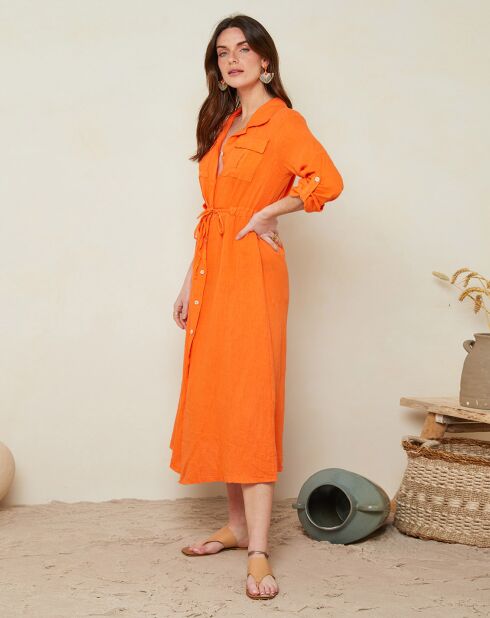 Robe chemise 100% Lin Justine à manches longues orange