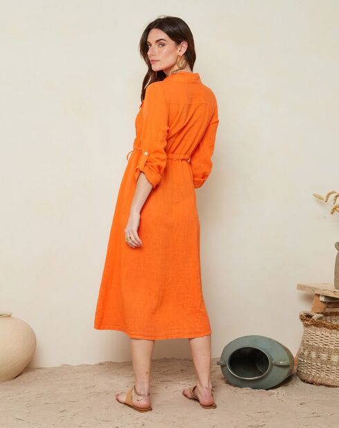 Robe chemise 100% Lin Justine à manches longues orange