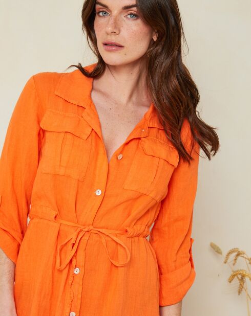 Robe chemise 100% Lin Justine à manches longues orange