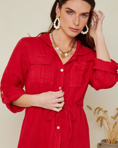Robe longue 100% Lin Maya boutonnée rouge
