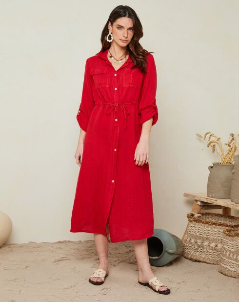 Robe longue 100% Lin Maya boutonnée rouge