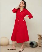Robe longue 100% Lin Maya boutonnée rouge