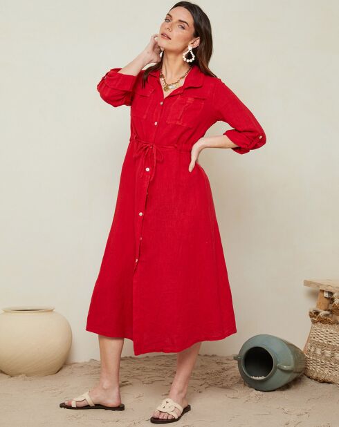 Robe longue 100% Lin Maya boutonnée rouge