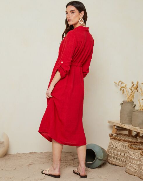 Robe longue 100% Lin Maya boutonnée rouge