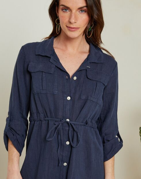 Marineblauwe lange jurk van 100% linnen Stacy met knoopsluiting