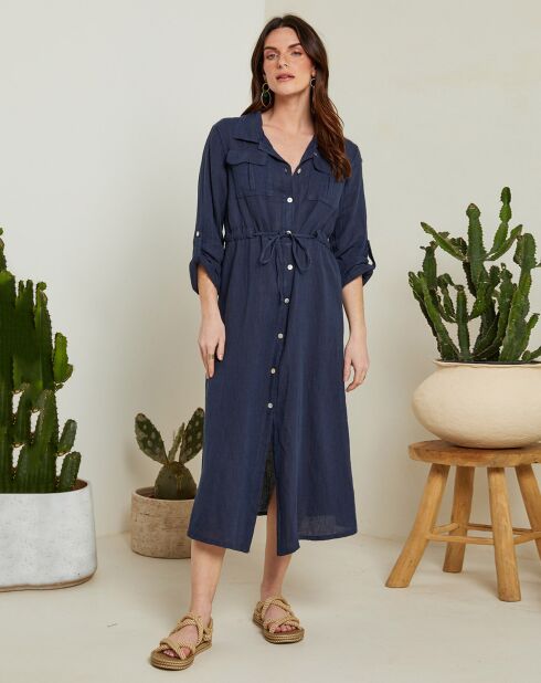 Marineblauwe lange jurk van 100% linnen Stacy met knoopsluiting