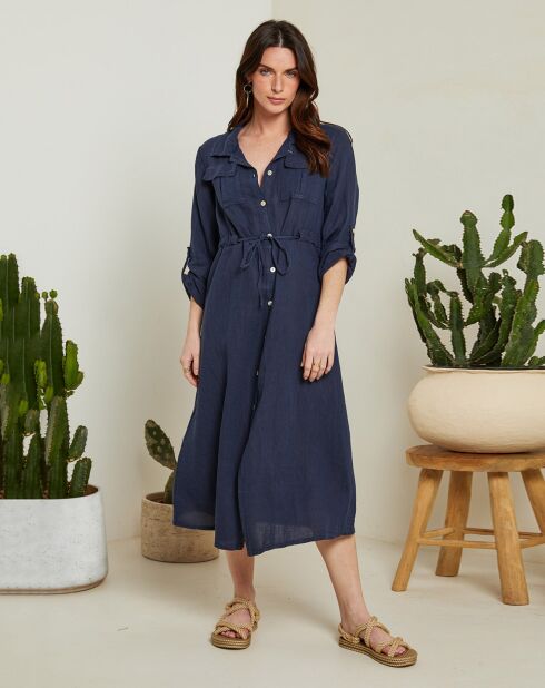 Marineblauwe lange jurk van 100% linnen Stacy met knoopsluiting
