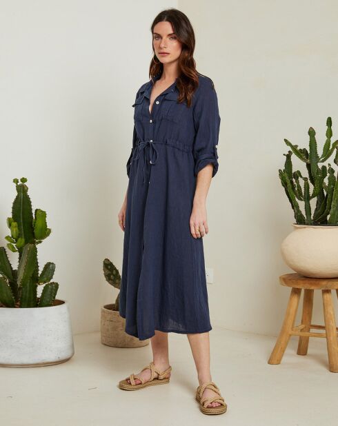 Marineblauwe lange jurk van 100% linnen Stacy met knoopsluiting
