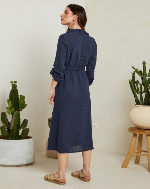 Marineblauwe lange jurk van 100% linnen Stacy met knoopsluiting
