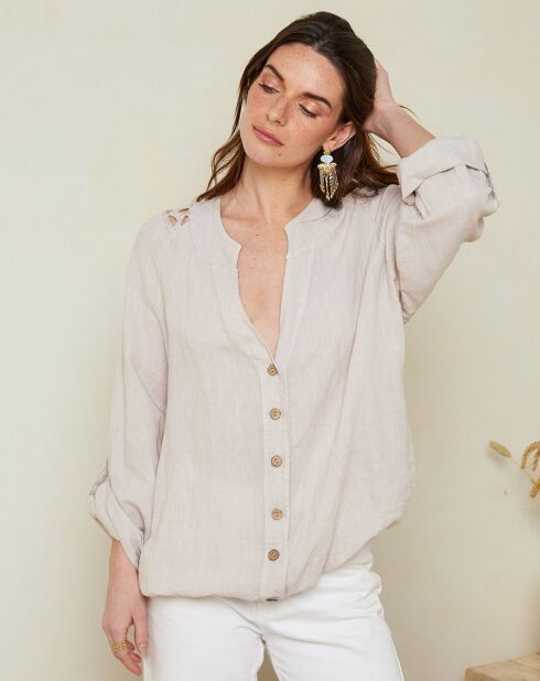 Barcelona-Hemd aus 100% Leinen mit Knöpfen in Beige