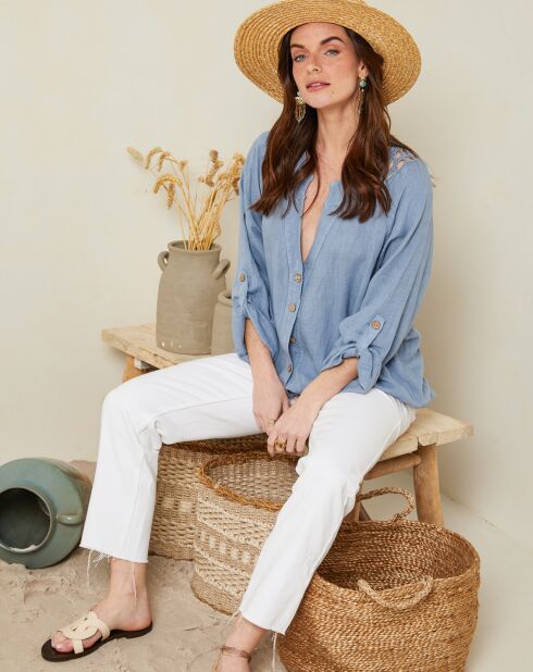 Barcelona-Indigo Spitzenhemd aus 100% Leinen