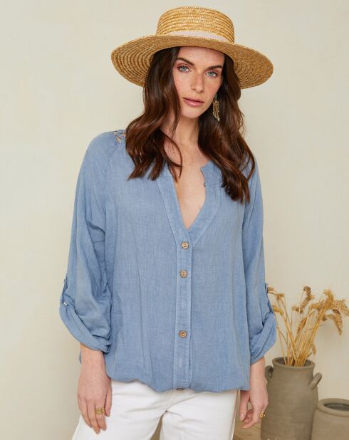 Barcelona-Indigo Spitzenhemd aus 100% Leinen