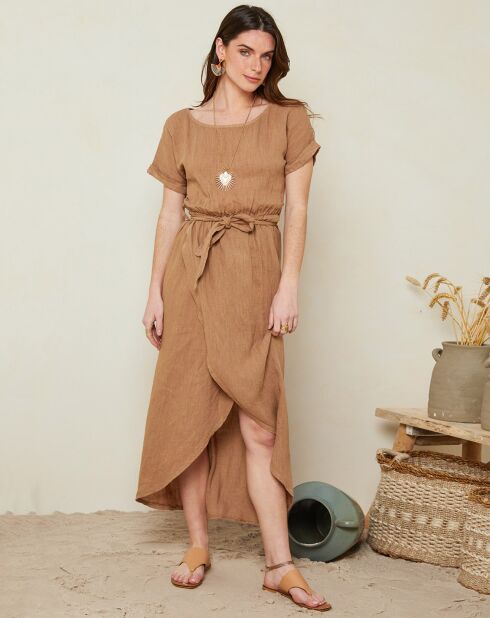 Luana camelfarbenes Kleid aus 100% Leinen
