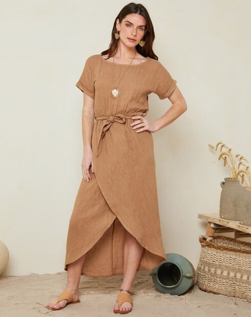 Luana camelfarbenes Kleid aus 100% Leinen