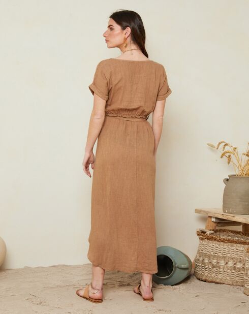Luana camelfarbenes Kleid aus 100% Leinen