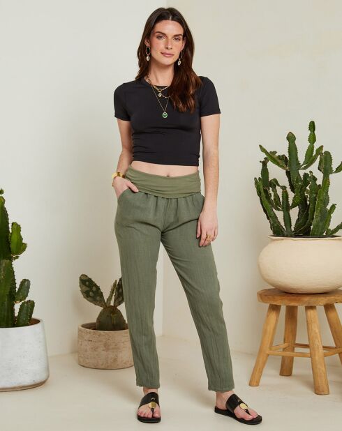 Eugénie kaki broek van 100% linnen