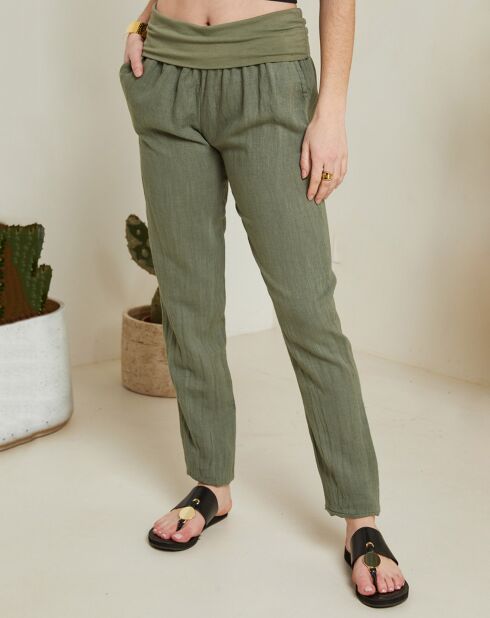 Eugénie kaki broek van 100% linnen