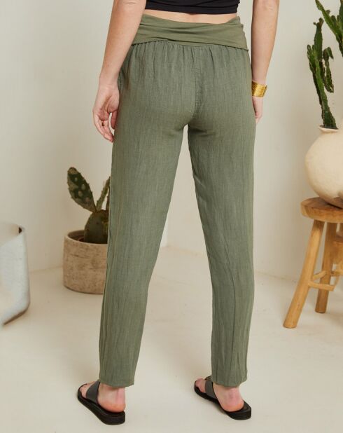 Eugénie kaki broek van 100% linnen