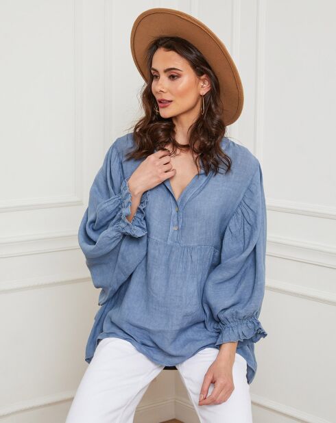 Camicetta blu denim lucida 100% lino