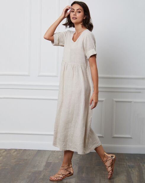 Gustavo beige jurk van 100% linnen