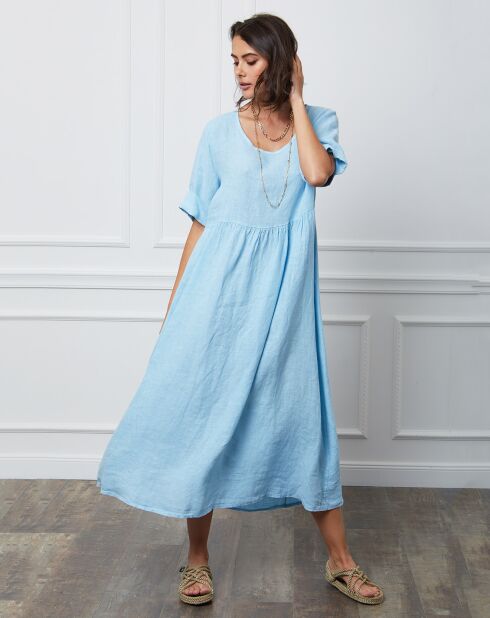 Gustavo 100% linnen jurk hemelsblauw blauw