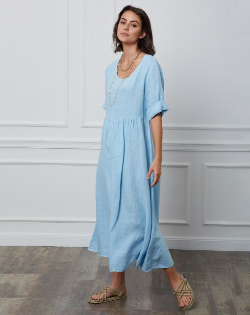 Gustavo 100% linnen jurk hemelsblauw blauw
