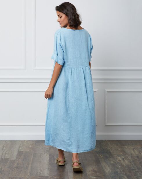 Gustavo 100% linnen jurk hemelsblauw blauw