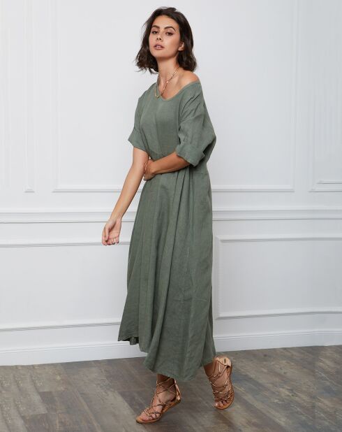 Gustavo kaki groene jurk van 100% linnen
