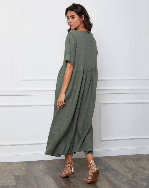 Gustavo kaki groene jurk van 100% linnen