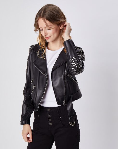 Perfecto en Cuir d'Agneau Anis Strass noir