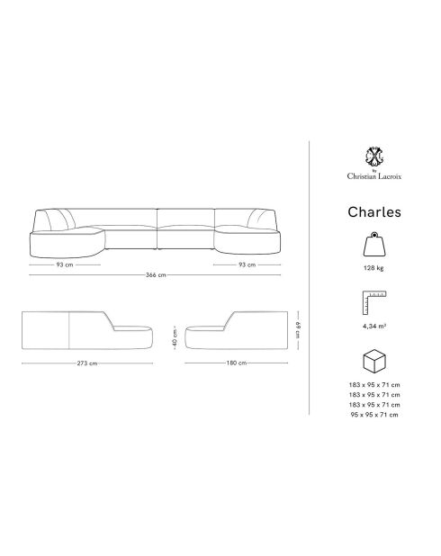 Canapé d'angle Panoramique gauche Velours Charles 7 Places bleu - 366x273x69 cm