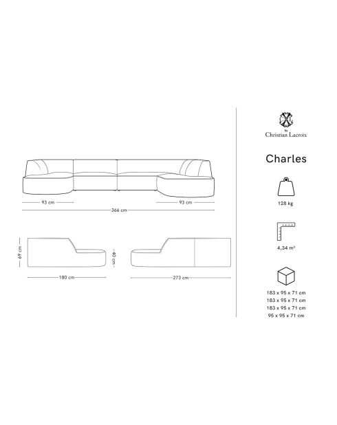 Canapé d'angle Panoramique droit Velours Charles 7 Places beige - 366x273x69 cm