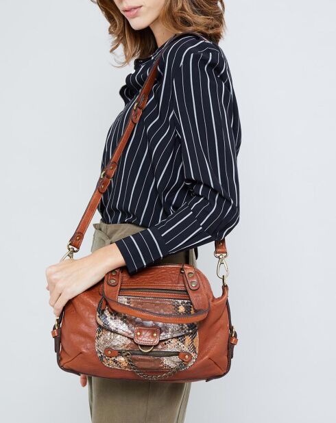 Sac à main en Cuir d'Agneau & Python Mini Ode cognac - 29x22x3 cm
