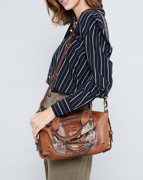 Sac à main en Cuir d'Agneau & Python Mini Ode havane - 31x22x3 cm