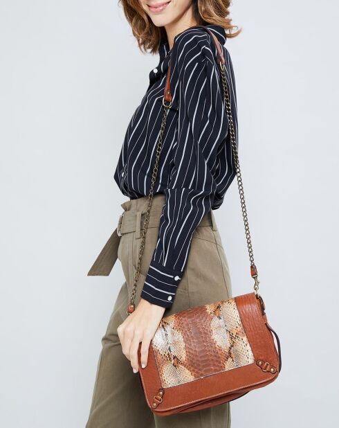 Sac bandoulière en Cuir d'Agneau & Python Seren cognac - 25x11x16.5 cm