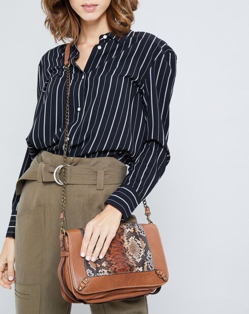 Sac bandoulière en Cuir d'Agneau & Python Seren havane - 25x11x16.5 cm