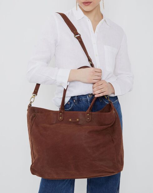 Sac cabas en Velours de Cuir Amélie marron - 44x16x36 cm