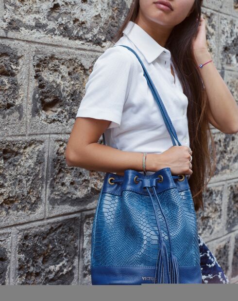 Sac seau en Cuir Cerise bleu jeans - 33x28x14 cm