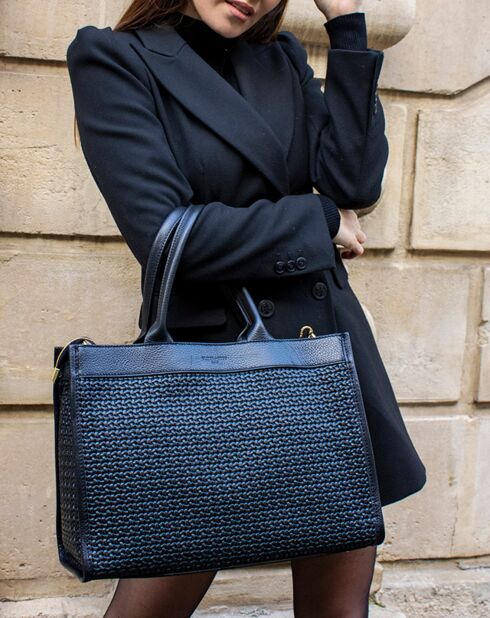 Nina zwarte geweven leren draagtas - 37x27x12 cm