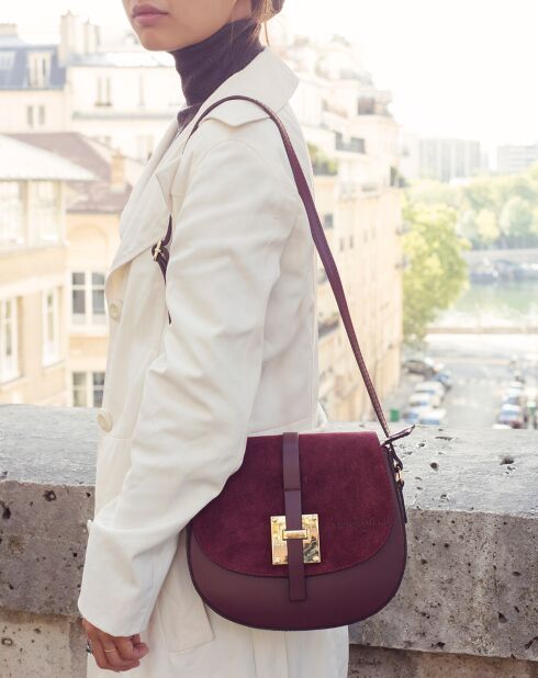 Sac bandoulière en Cuir & Velours de Cuir Jara  bordeaux - 22X18x6 cm
