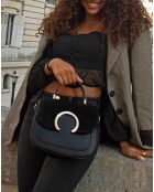 Schwarze Mina Handtasche aus Leder und Samt — 24x19x10,5 cm