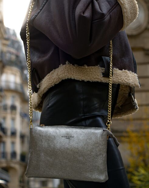 Sac bandoulière en Cuir Perla argenté - 21.5x15x5 cm