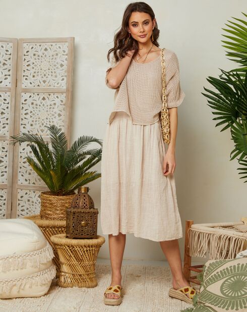 Leana beige jurk van katoen en linnen