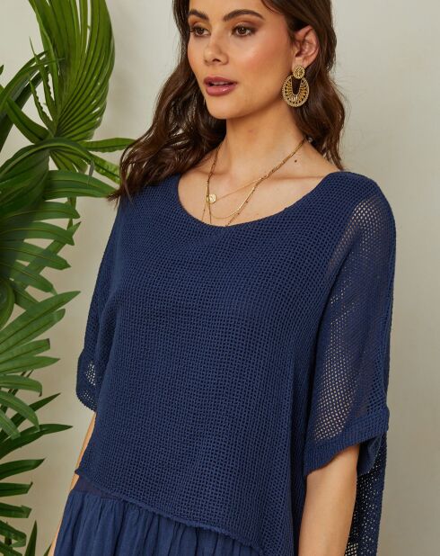 Marineblauwe jurk van katoen en linnen Leana